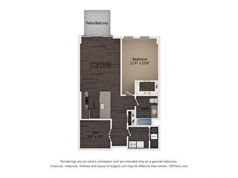 Floor plan for 1 bed, 1 bath, 933 sqft